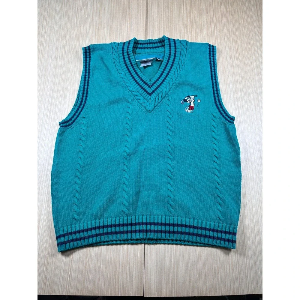 The Disney Store Golf Sweater Vest Adult Large Teal Blue Cable Knit Cotton Patch - Picture 1 of 7